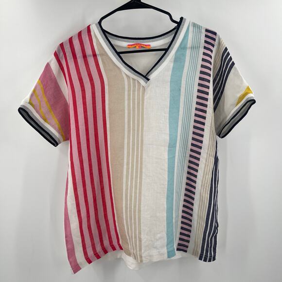 VILAGALLO Top Size Small Stripes Linen Blend Short Sleeve Multi Color V-Neck - Picture 11 of 11
